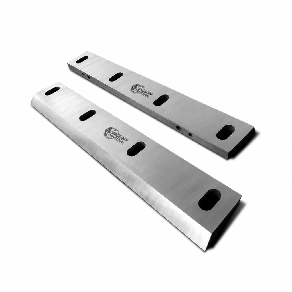 Cuchillas de granulador Tecnofer con cuatro ranuras por pieza y pequeños logotipos Sharp Industrial grabados entre las ranuras