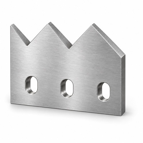 206,5×150×28/45 mm · Cuchilla dentada compatible con Weima 1500 — imagen 3D en acero satinado, formato 500×500 px